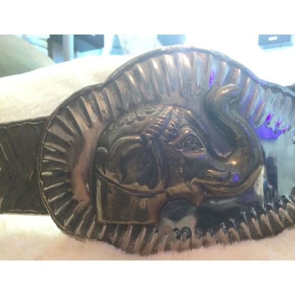 VTG Hand Hammered Silver Metal Waist Belt Band/raised Brass Elephant Head Buckle main image 7